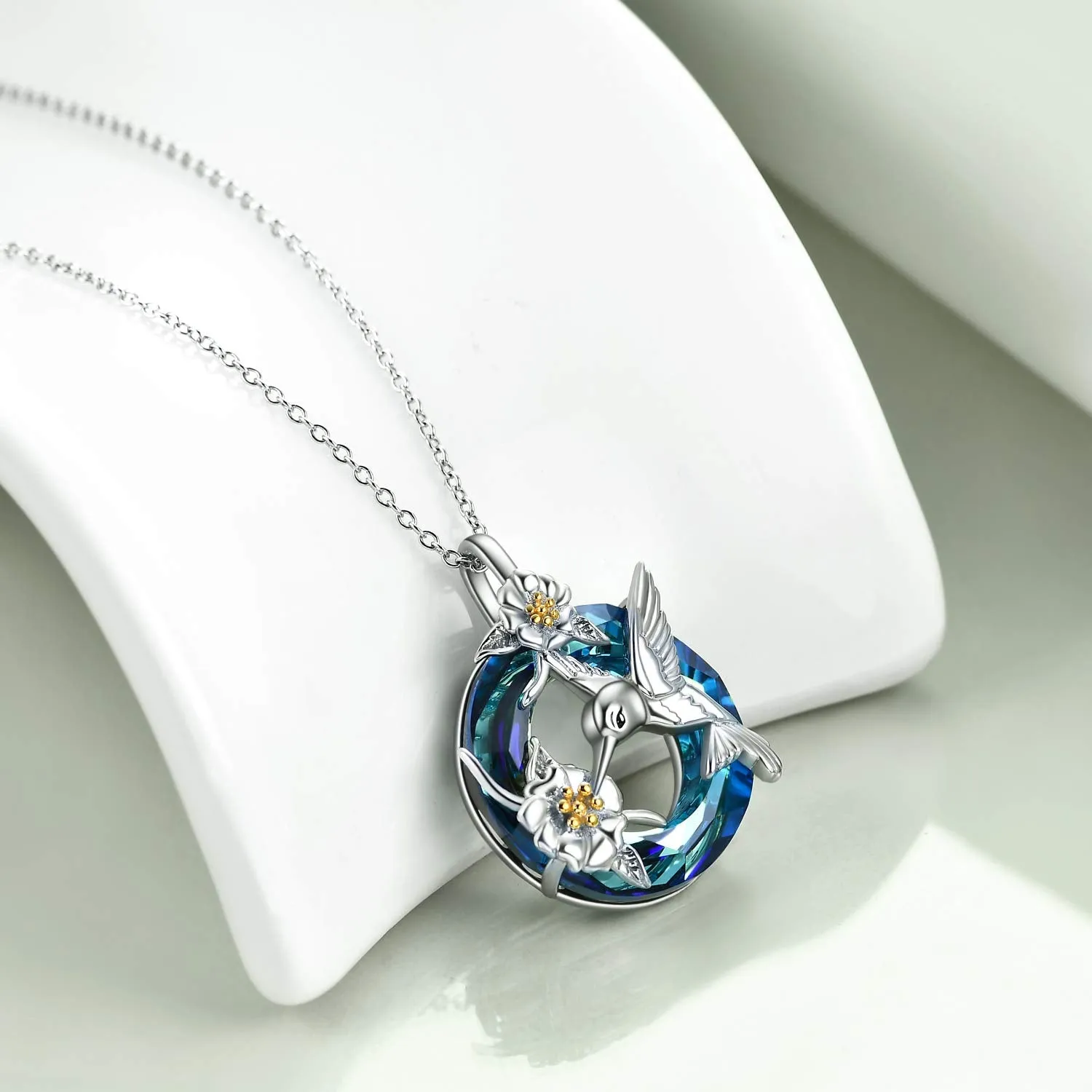 Hummingbird Necklace Gifts for Women Sterling Silver Bird Pendant Necklace with Blue Crystal Jewelry for Girls