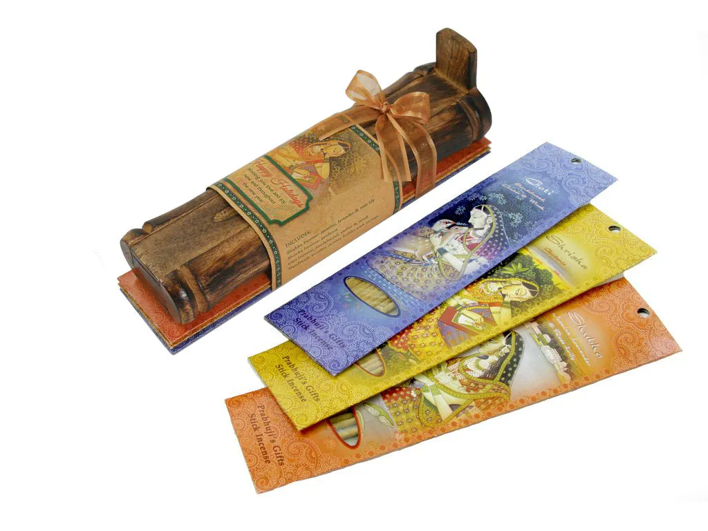 Incense Gift Set - Bamboo Burner   3 Meditation Incense Sticks Packs and Holiday Greeting - Happy Holidays