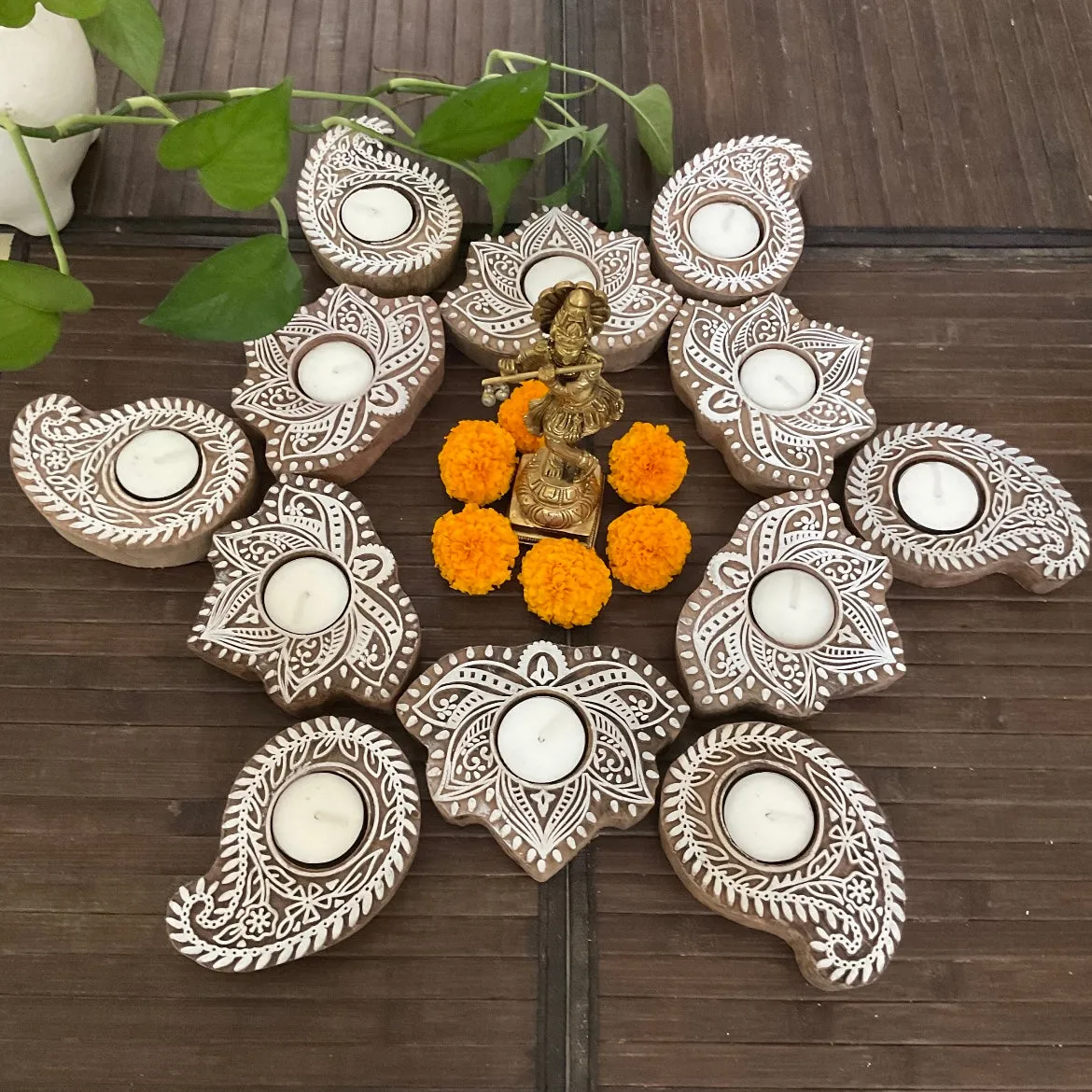 Keri & Flower Wooden Diya (Set of 12) - Tea light Holder - Diwali Decor & Gifts