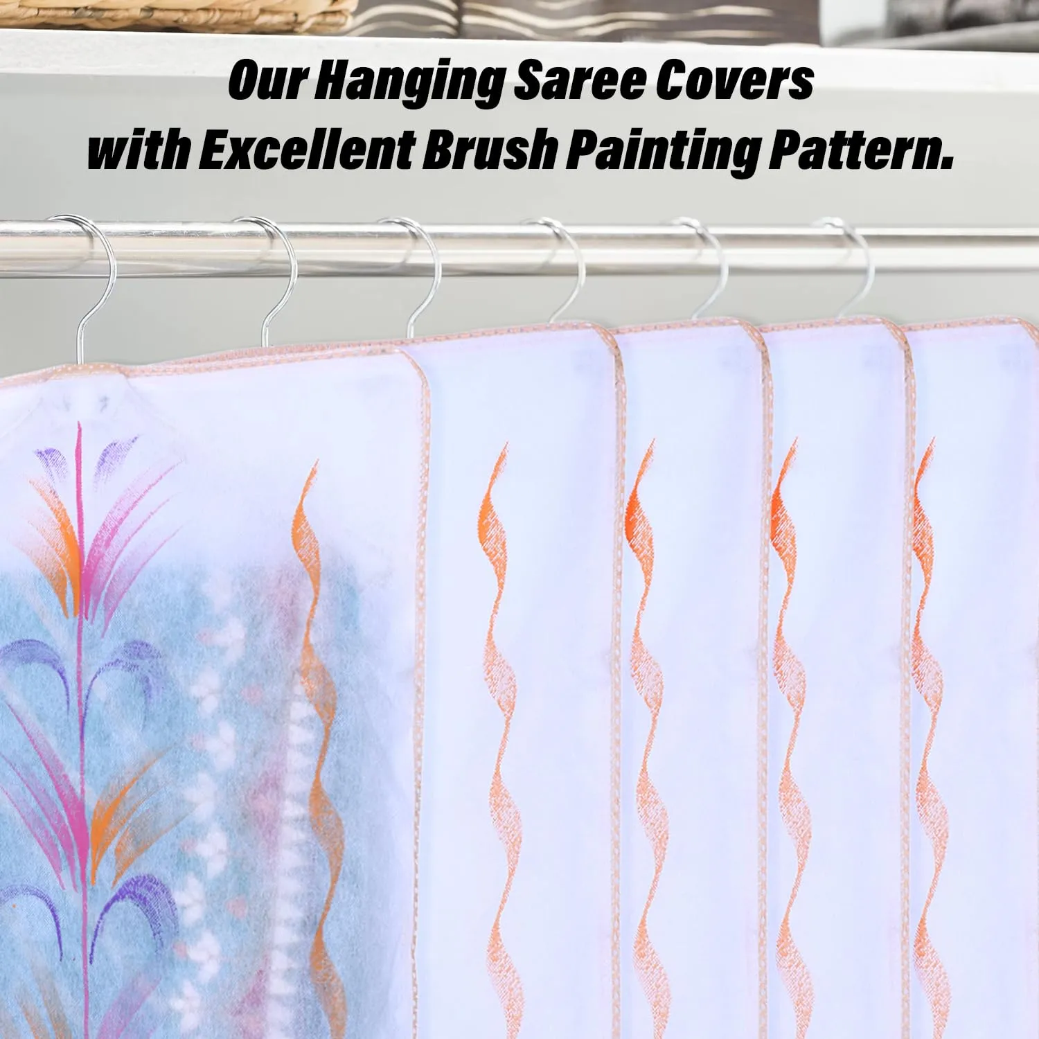 Kuber Industries Hanging Saree Cover | Brush Painting Pattern Saree Cover | Non-Woven Saree Covers for Home | Saree Cover with Small Transparent view | Pack of 12 | Orange