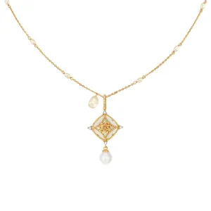 Moonstone & Freshwater Pearl Gold Necklace - Water Lily