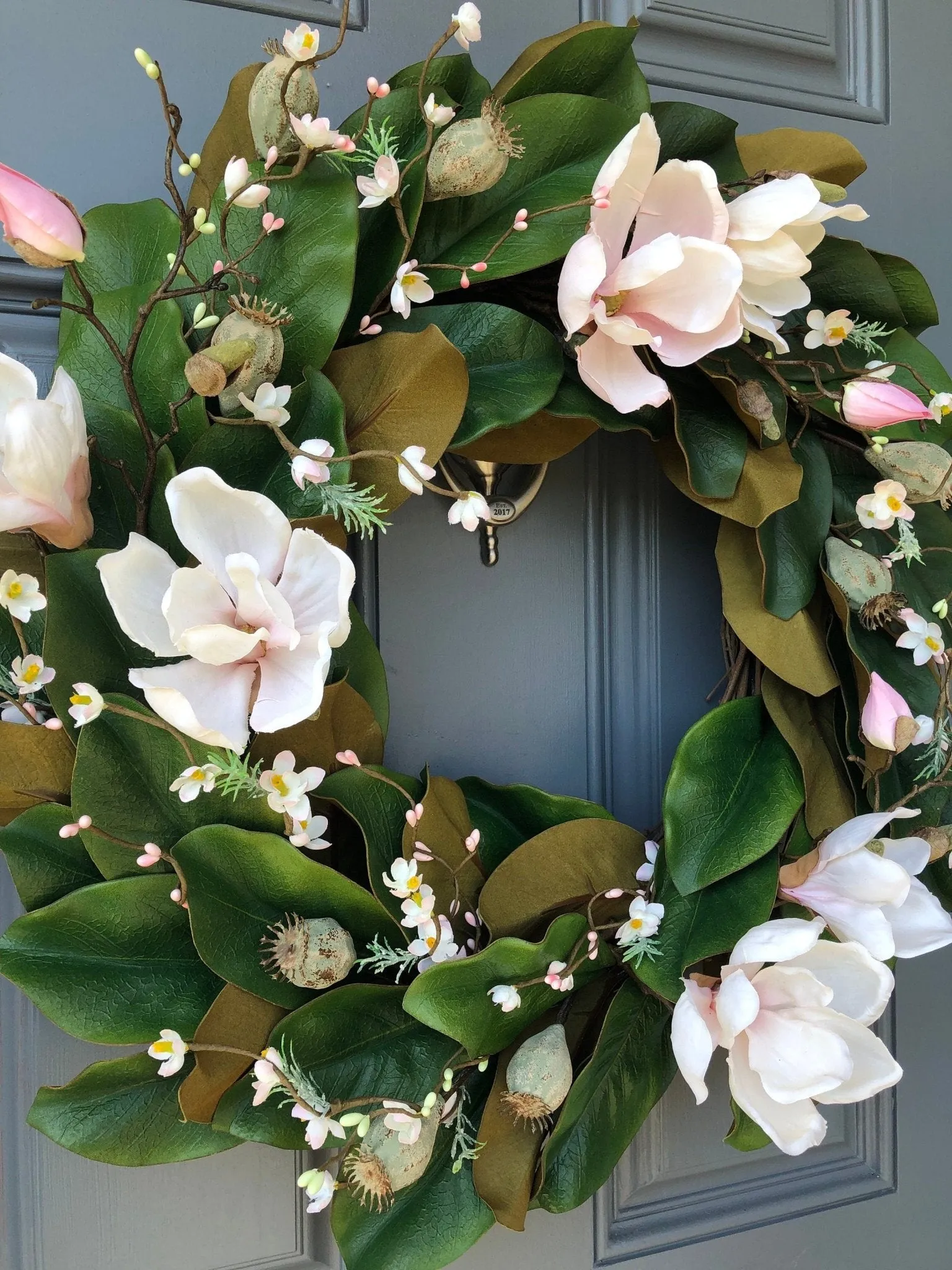 One-of-a-Kind Magnolia Wreath with Soft Pink Blooms and Cherry Blossoms