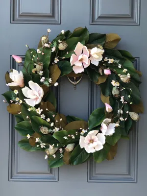 One-of-a-Kind Magnolia Wreath with Soft Pink Blooms and Cherry Blossoms