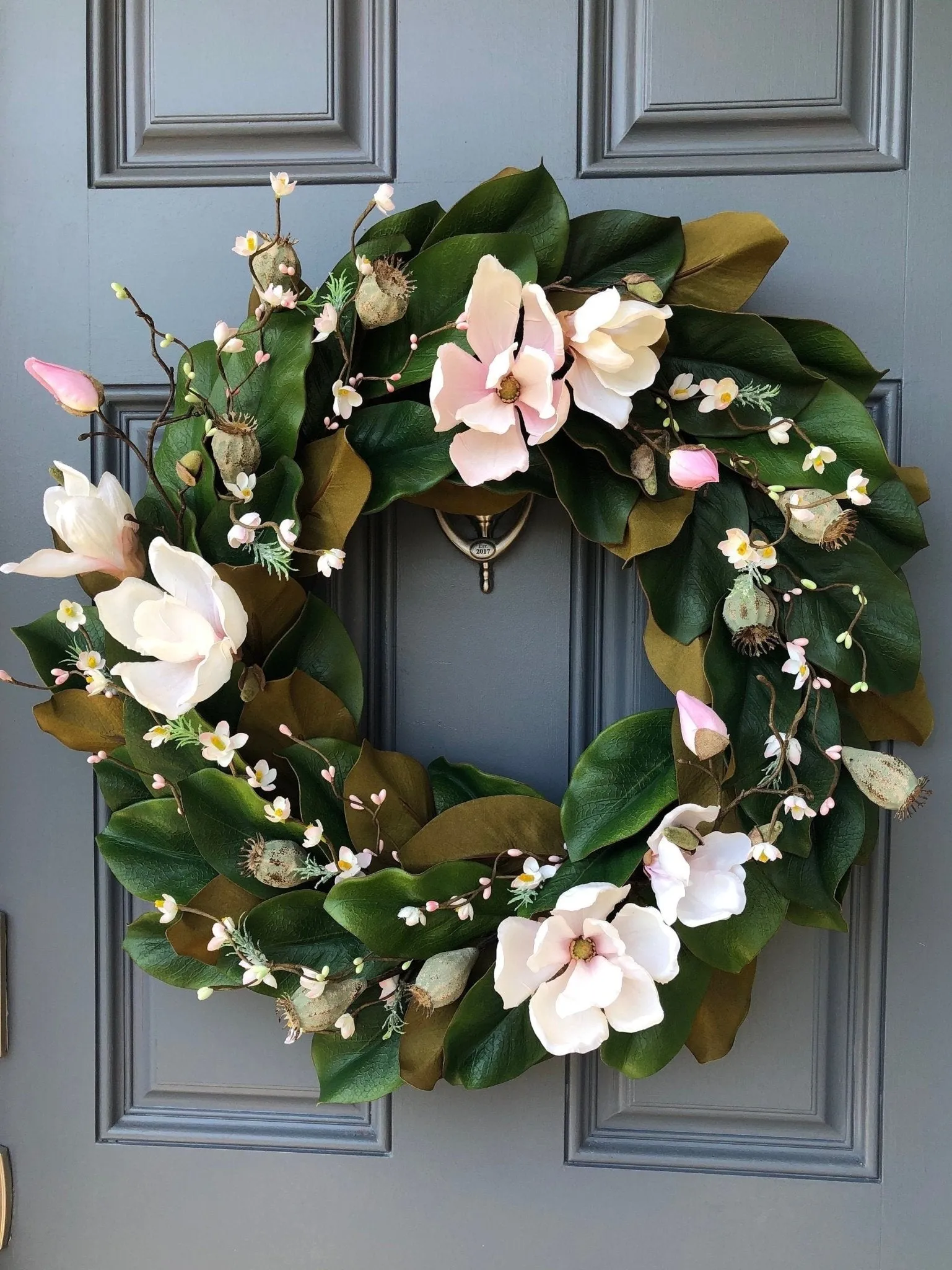 One-of-a-Kind Magnolia Wreath with Soft Pink Blooms and Cherry Blossoms