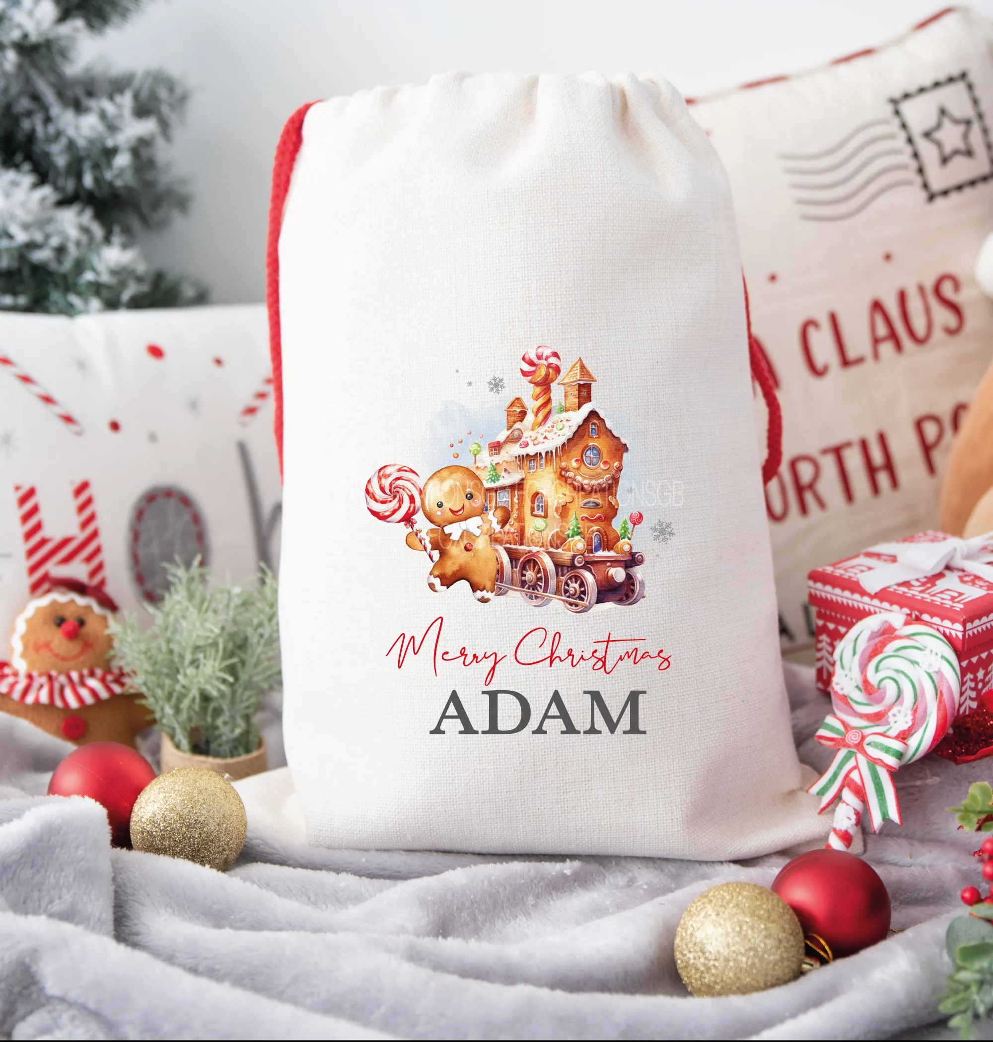 Personalised LARGE Christmas Eve Sack, 50 x 70cm. Ginger Bread Train