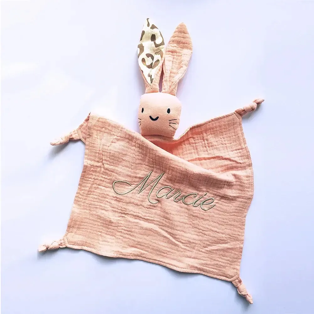 Personalized Embroidered Name Bunny Muslin Cotton Baby Blanket Lovie