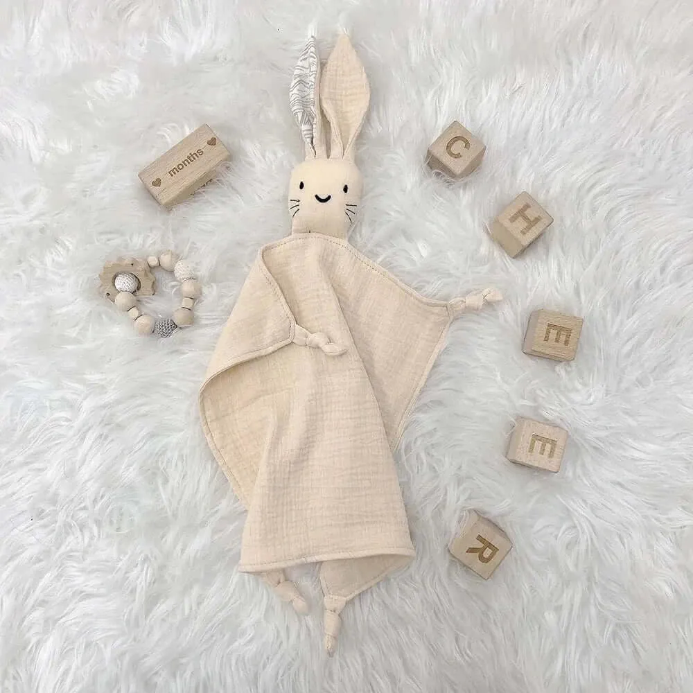 Personalized Embroidered Name Bunny Muslin Cotton Baby Blanket Lovie