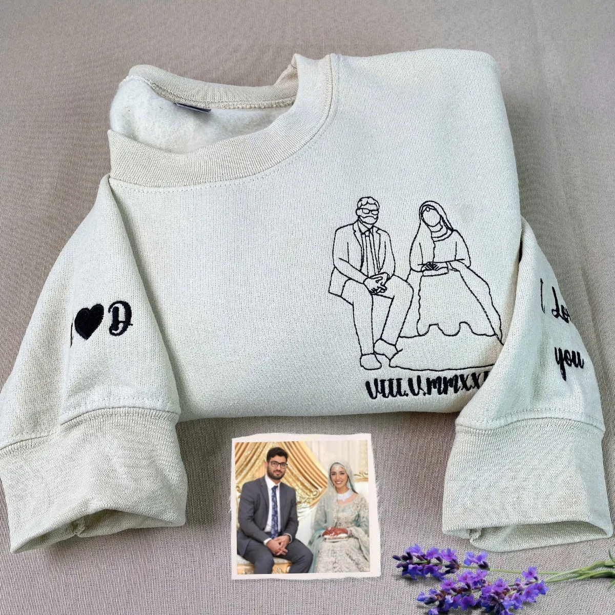 Personalized Unique Bridal Shower Gift for Sister Sweatshirt with Embroidery Photo Text Icon on Sleeve