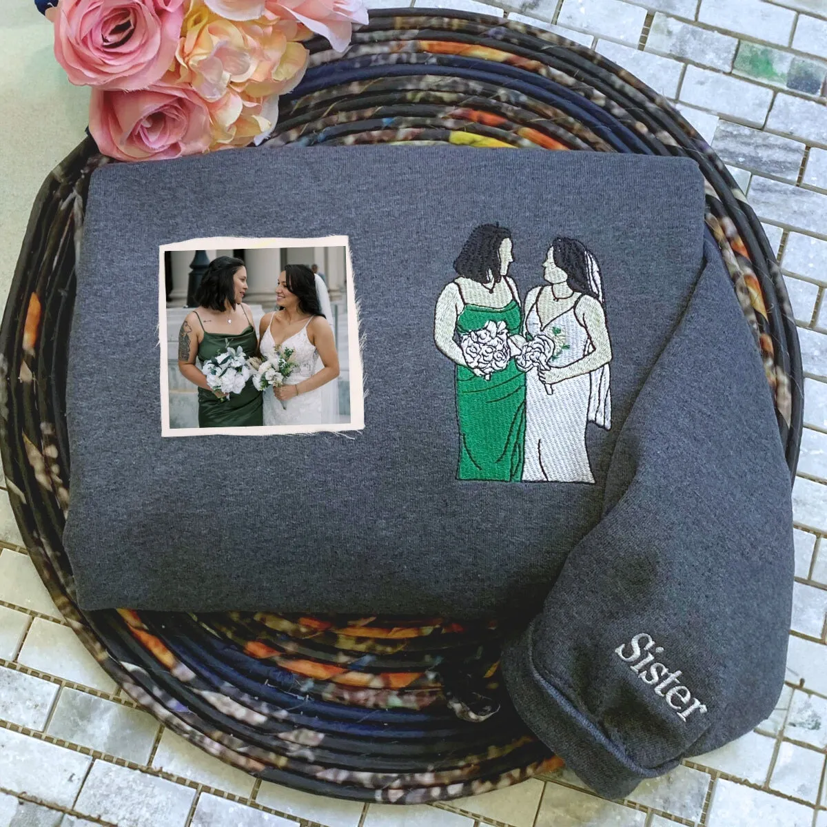 Personalized Unique Bridal Shower Gift for Sister Sweatshirt with Embroidery Photo Text Icon on Sleeve