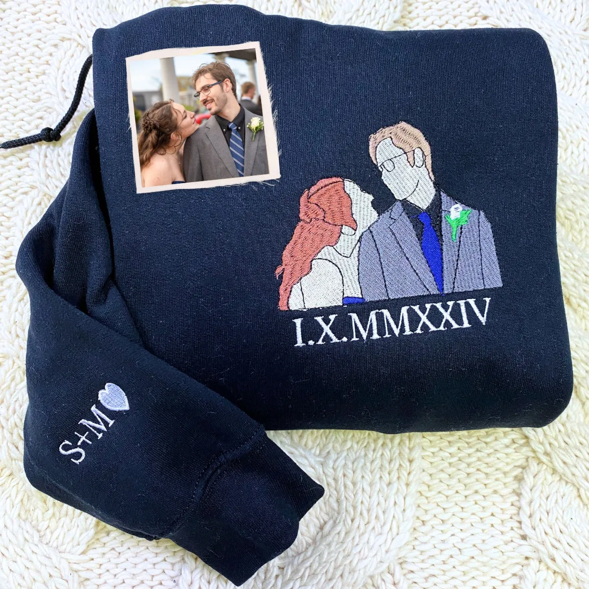 Personalized Unique Bridal Shower Gift for Sister Sweatshirt with Embroidery Photo Text Icon on Sleeve