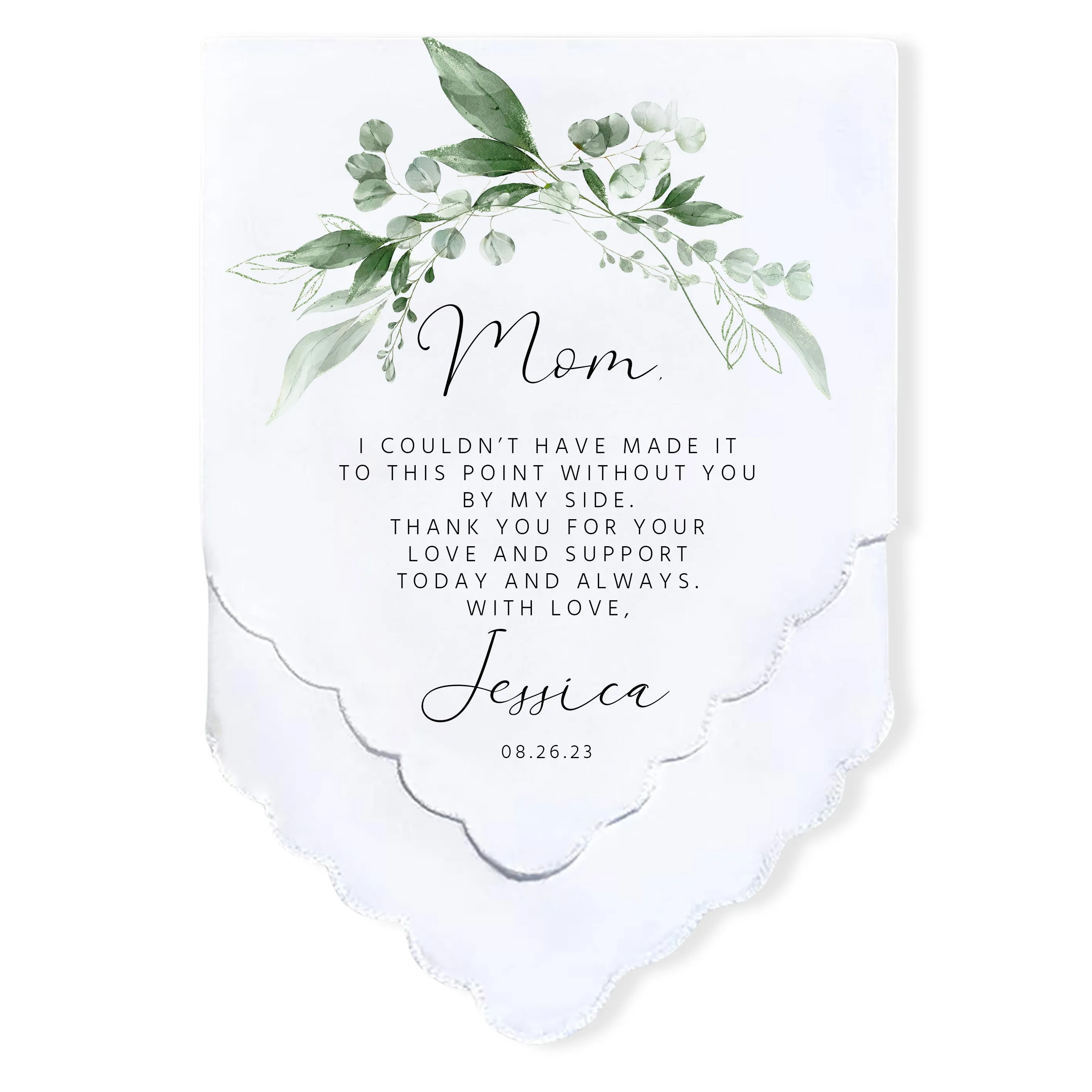 Personalized Wedding Handkerchief Set - Heartfelt Mother of the Bride Gifts - Thoughtful Customized Gift for Mom from Bride - Custom Gift Keepsake for Mom with Garland Greenery