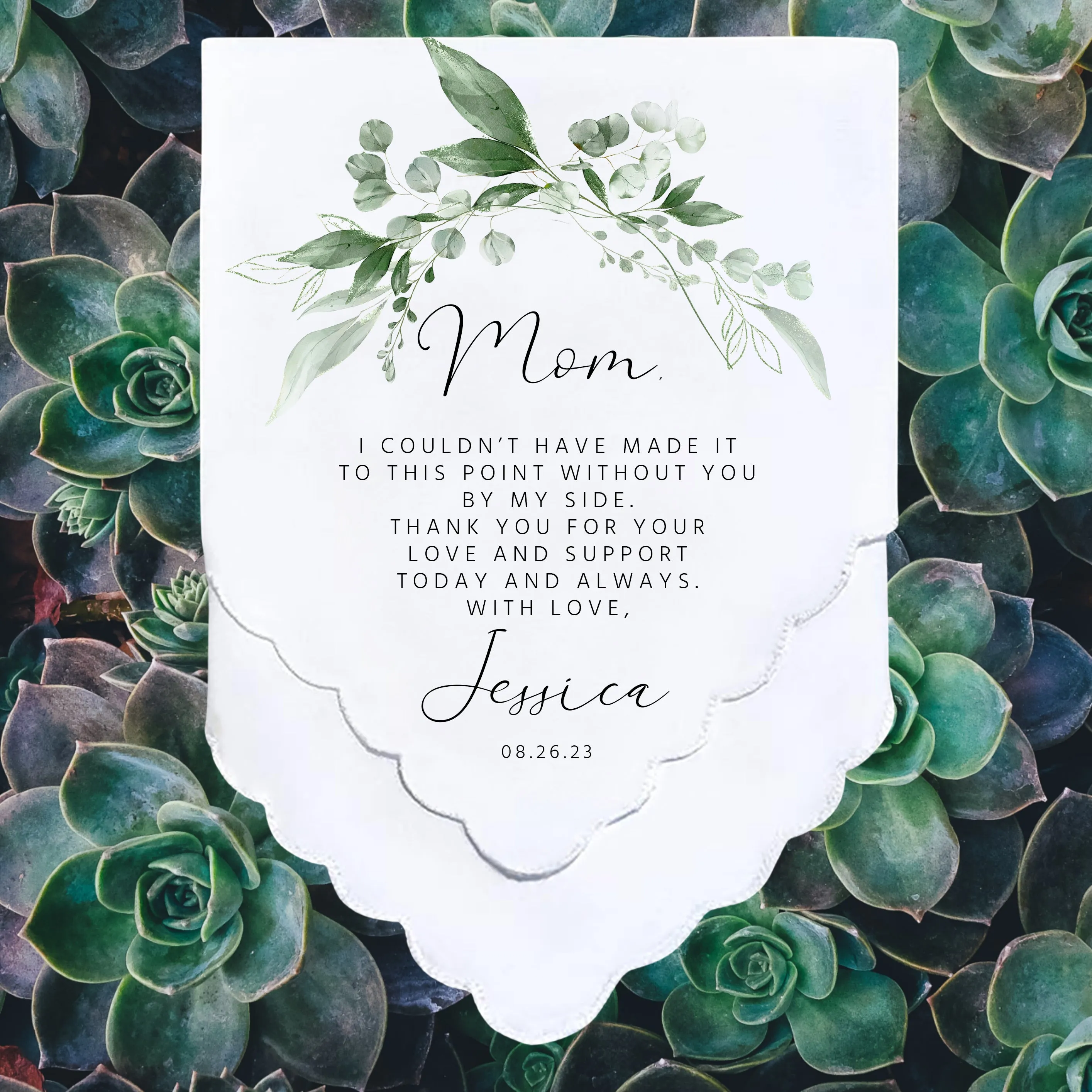 Personalized Wedding Handkerchief Set - Heartfelt Mother of the Bride Gifts - Thoughtful Customized Gift for Mom from Bride - Custom Gift Keepsake for Mom with Garland Greenery