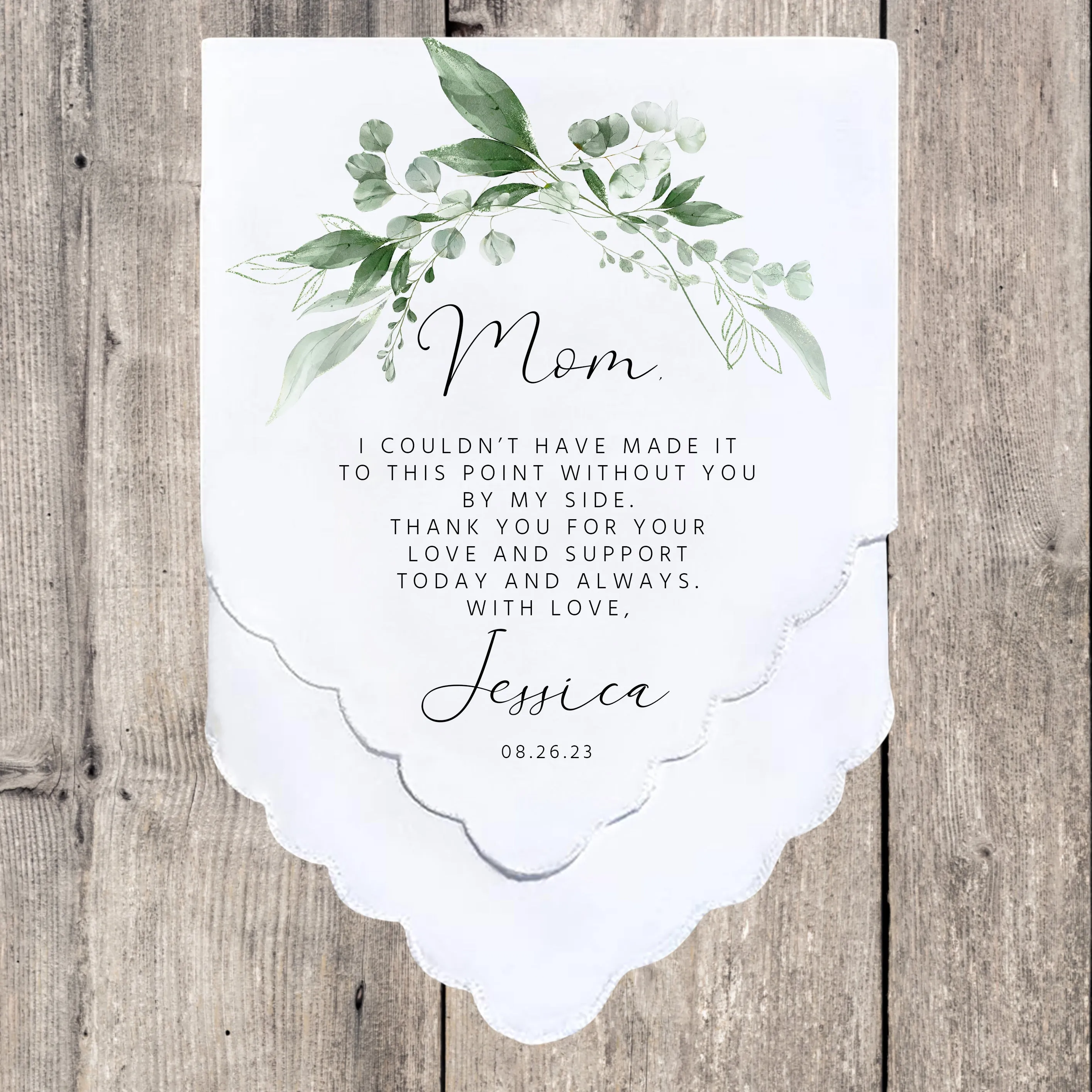 Personalized Wedding Handkerchief Set - Heartfelt Mother of the Bride Gifts - Thoughtful Customized Gift for Mom from Bride - Custom Gift Keepsake for Mom with Garland Greenery