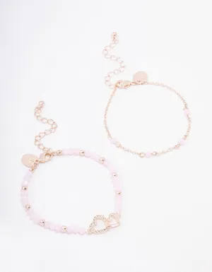 Rose Gold Pink Beaded Heart Bracelet Pack