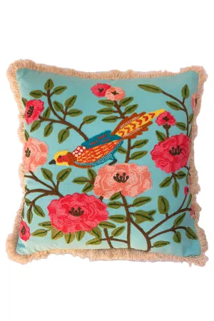 RUBY STAR TRADERS SUMMER BIRD FRINGED CUSHION AQUA