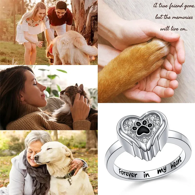 S925 Sterling Silver Paw Urn Ring for Ashes  Heart Keepsake Memorial Jewelry Gifts