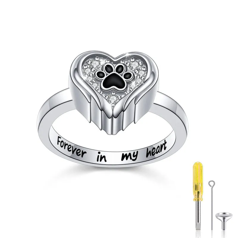 S925 Sterling Silver Paw Urn Ring for Ashes  Heart Keepsake Memorial Jewelry Gifts