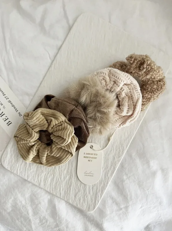 Set of 5 Large Winter Scrunchies in Neutral Mix