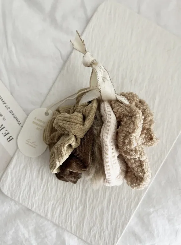 Set of 5 Large Winter Scrunchies in Neutral Mix