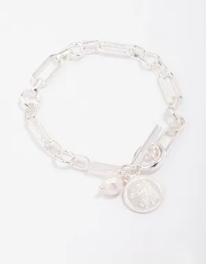 Silver Chunky Coin & Pearl Bracelet