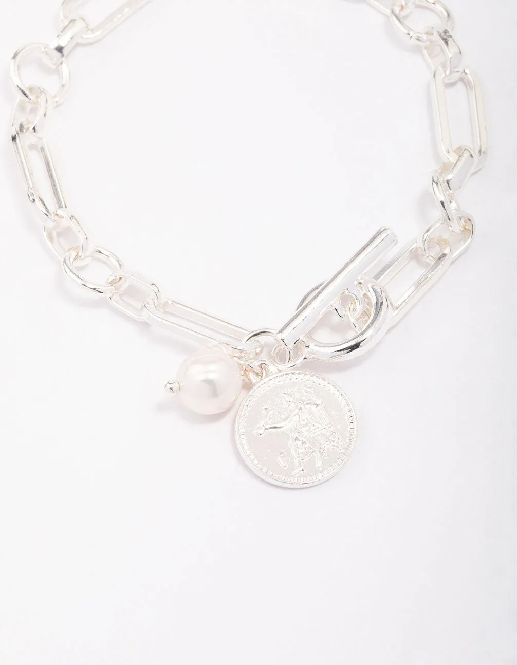 Silver Chunky Coin & Pearl Bracelet