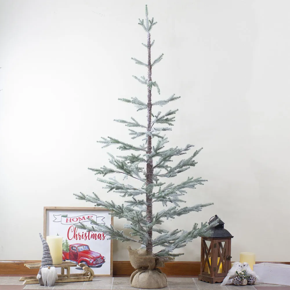 Snow Covered Slim Pine Artificial Christmas Tree With Jute Base