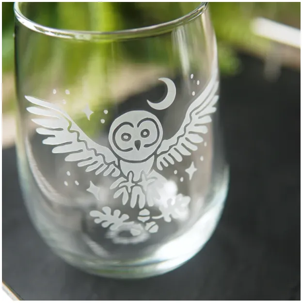 Stemless Wine Glass - Owl   Oak by Bread and Badger