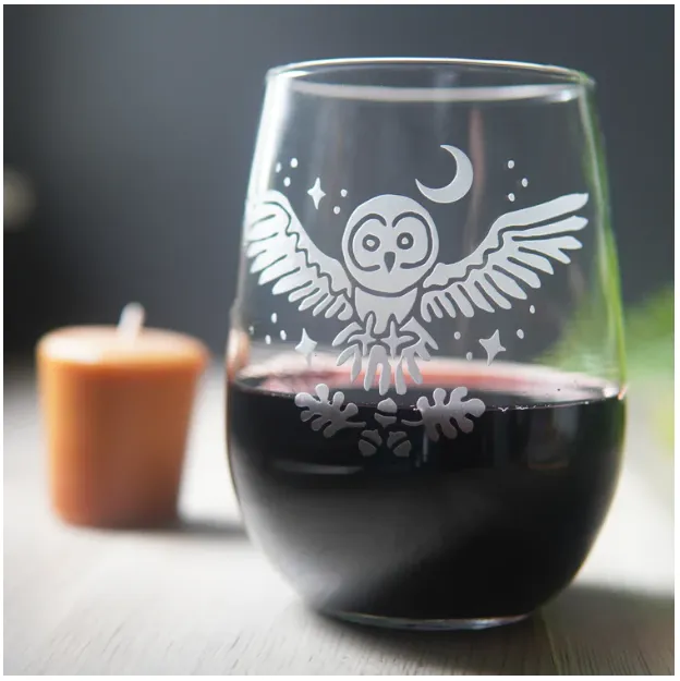 Stemless Wine Glass - Owl   Oak by Bread and Badger