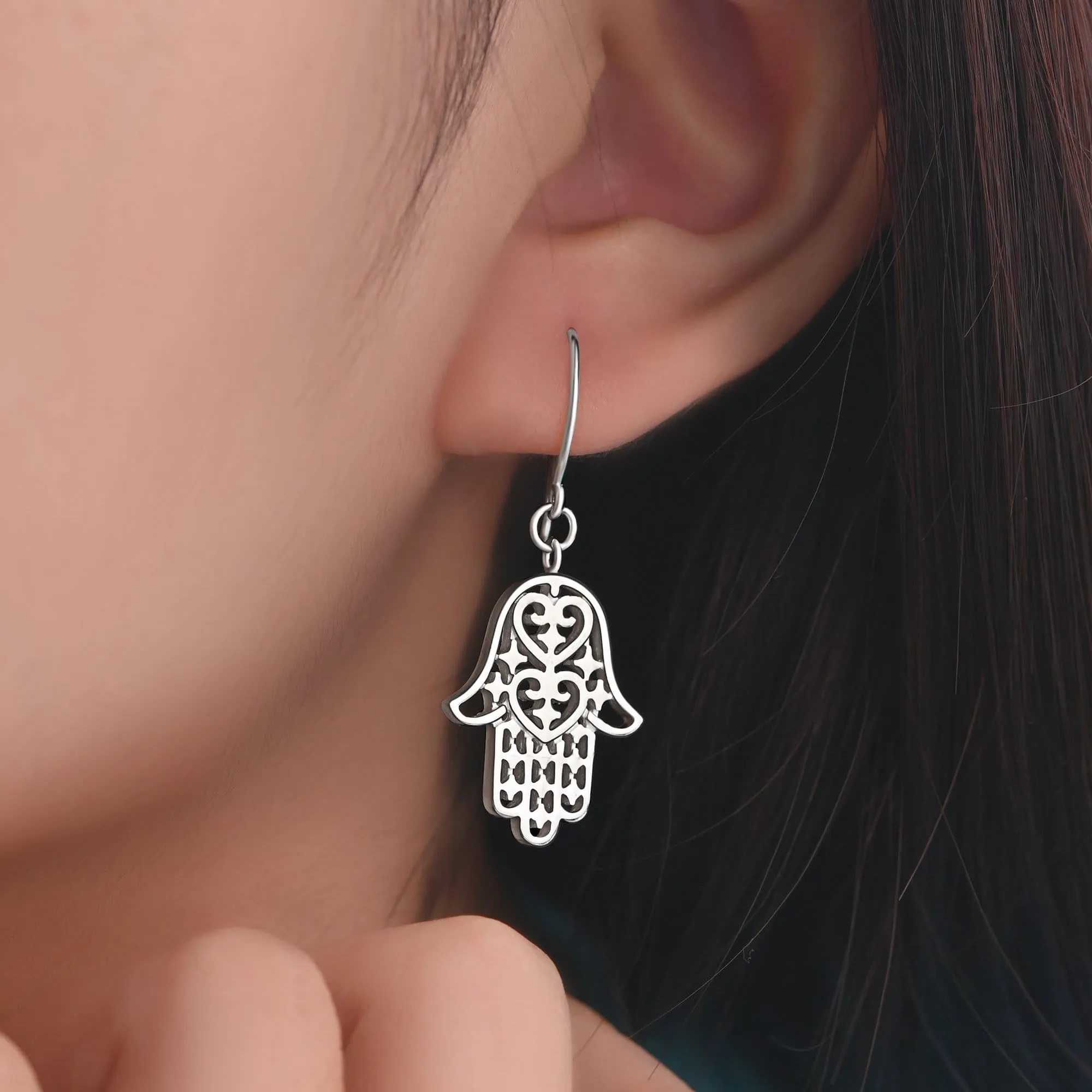 Sterling Silver Hamsa Hand Earrings Dangle