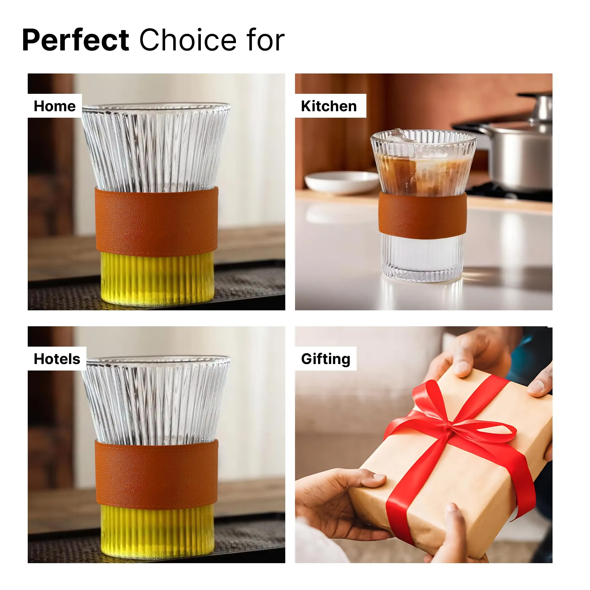 The Better Home Glass Tea Cup (Set of 8-280ml Each) Lead Free Coffee Cup with Leather Sleeve Grip | Scratch-Resistance Tea Cup Set | House Warming Gifts for New Home| Return Gifts for Women