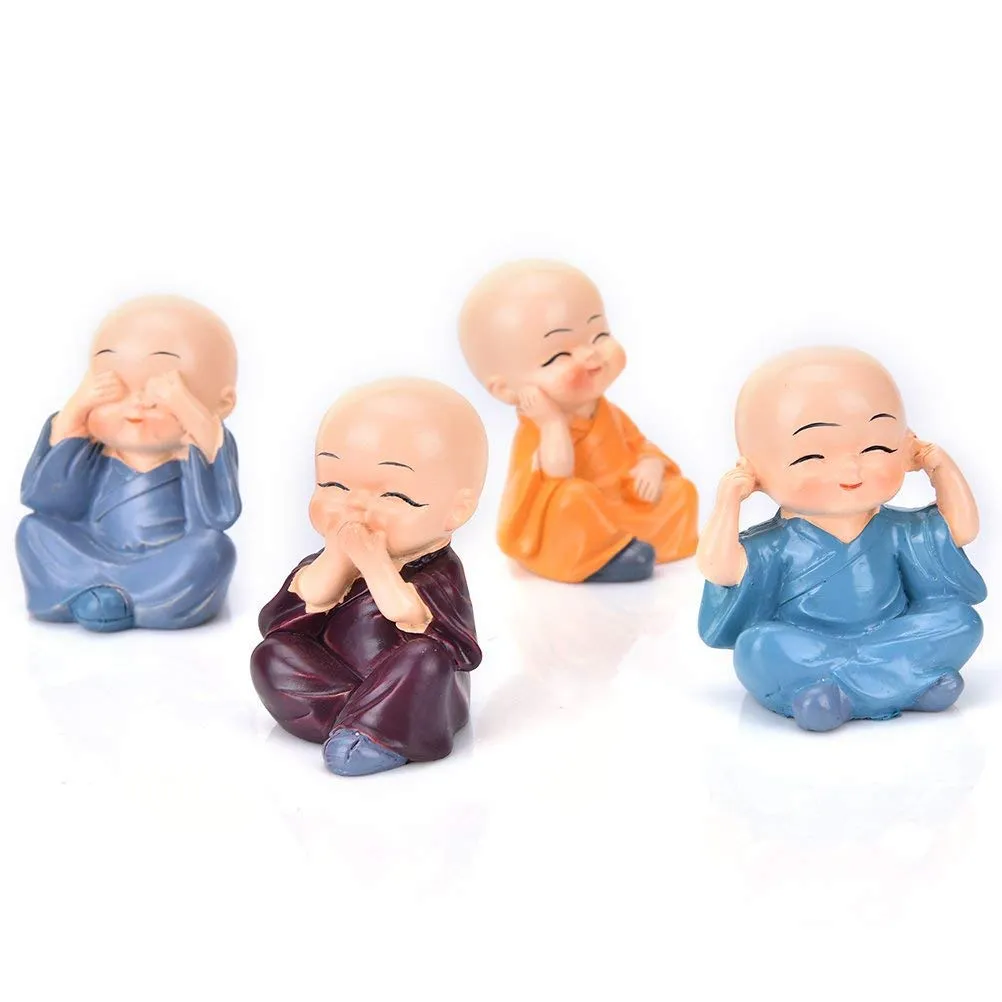 TIED RIBBONS Polyresin Buddha Monk Car Dashboard Showpiece, Standard, Multicolor, 4 Piece