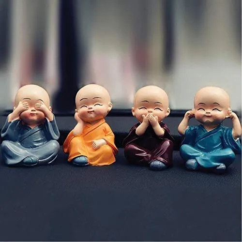 TIED RIBBONS Polyresin Buddha Monk Car Dashboard Showpiece, Standard, Multicolor, 4 Piece