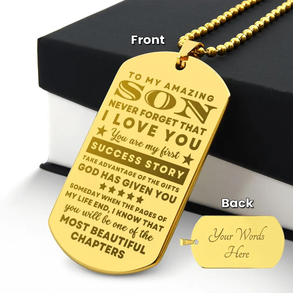 To Son From Mom or Dad Gift, You are my First Success Story, Encouragement Dogtag Engraved Necklace