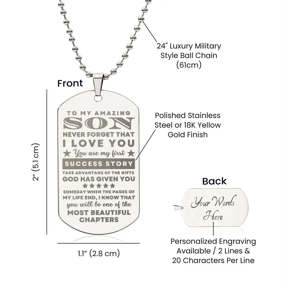 To Son From Mom or Dad Gift, You are my First Success Story, Encouragement Dogtag Engraved Necklace