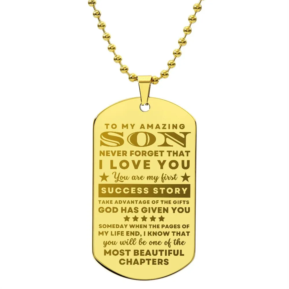 To Son From Mom or Dad Gift, You are my First Success Story, Encouragement Dogtag Engraved Necklace