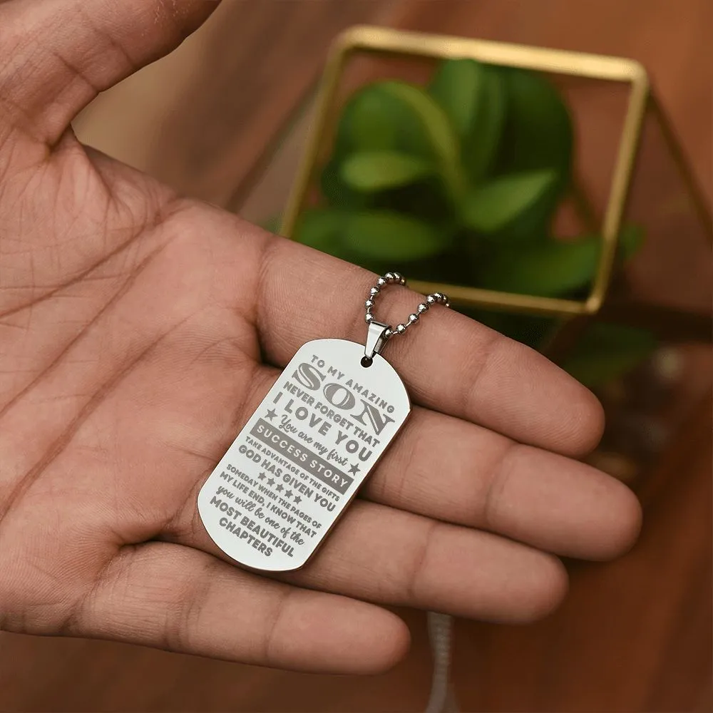 To Son From Mom or Dad Gift, You are my First Success Story, Encouragement Dogtag Engraved Necklace