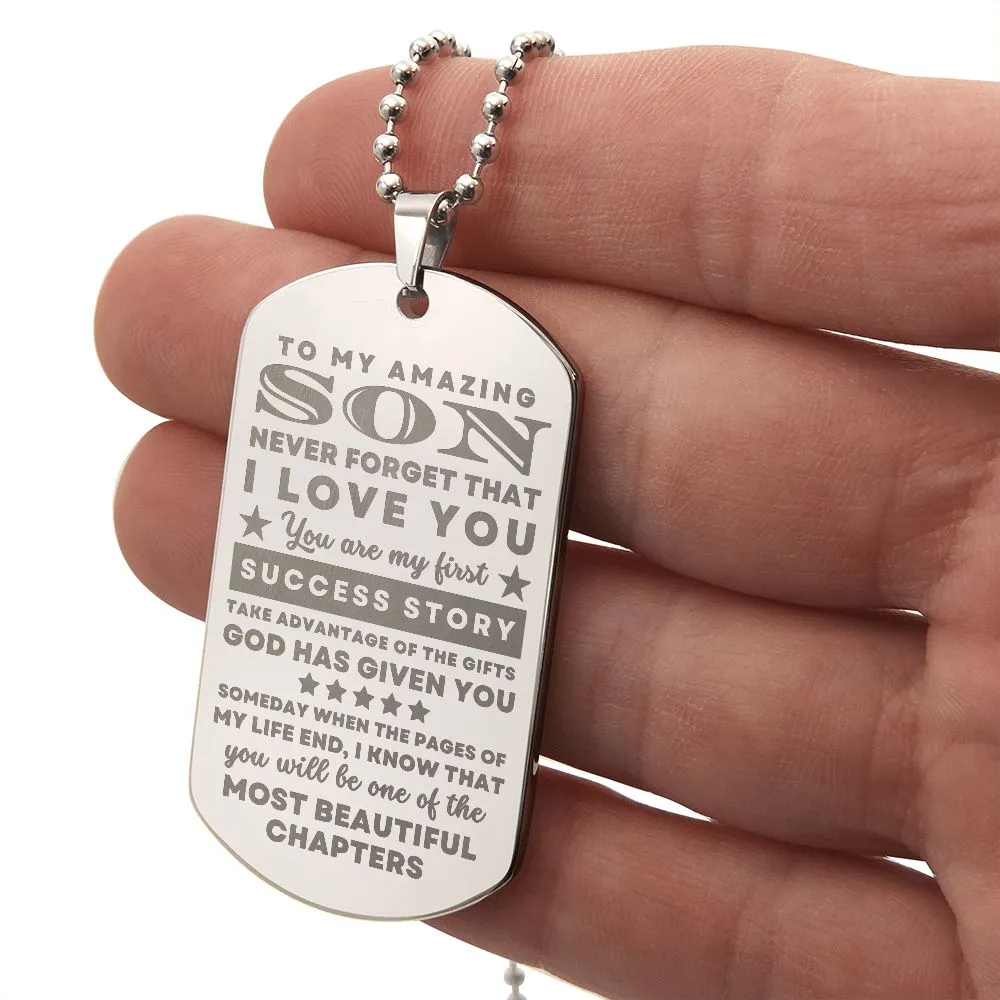 To Son From Mom or Dad Gift, You are my First Success Story, Encouragement Dogtag Engraved Necklace