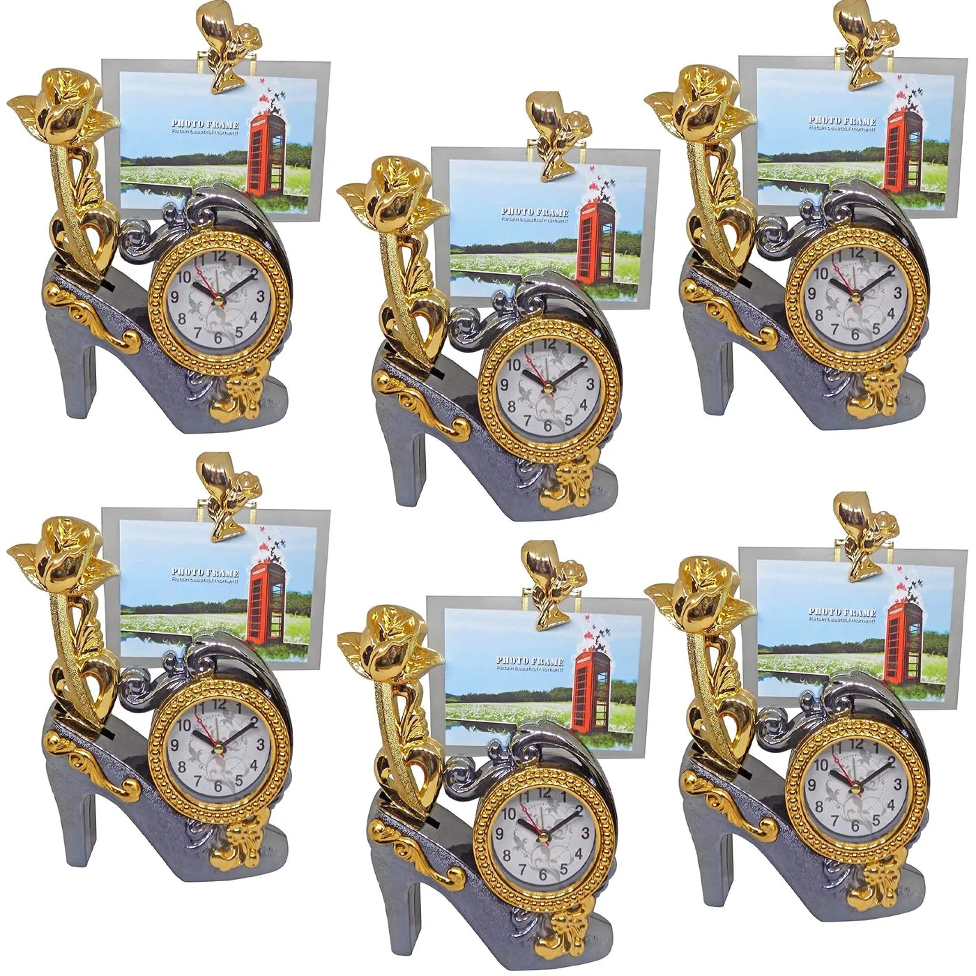 Verbier Decorative Clock with Photo Frame for Home/Living Room/Office Table Use Set of 6 Medium